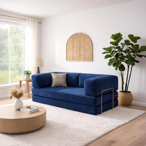 Image of Torque Vegas Three Seater Sofa Cum Bed for Sleeping-Blue | Premium Suede Fabric 3-Seater Double Foam Fold Out Sofas Bed | Convertible 3-in-1 Sofa Cuma Bed for Office
