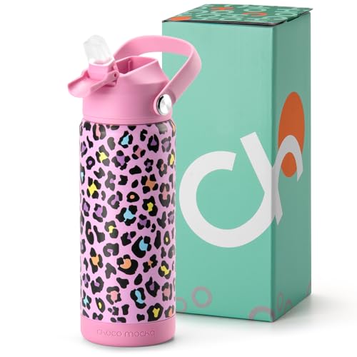 Image of Choco Mocha Kids Water Bottle For School, Kids Insulated Cheetah Water Bottle Stainless Steel for Girls,18Oz Pink Leopard