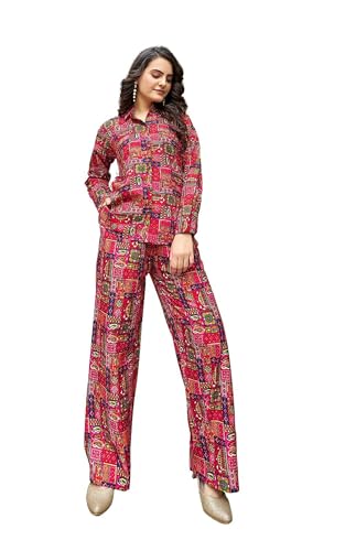 Image of KESUDI Women's Printed Co-ord Set | Multicolour Ethnic Pattern Co-ord Set | Long Sleeve Shirt with Wide-Leg Trousers Co-ord Set