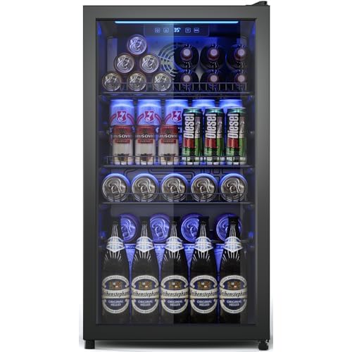 Beverage Fridge, 130 Can Mini Fridge With Glass Door, Beverage Cooler Refrigerator, Wine Drink Beer Cooler, Adjustable Shelves & Digital Temperature Display