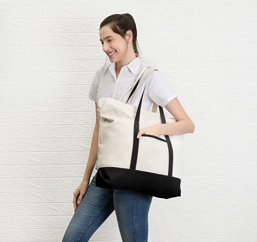 Cotton Canvas Tote Bag with an External Pocket & Top-Zipper Closure For - Gym, Beach, DIY, Work, Travel, Shopping3