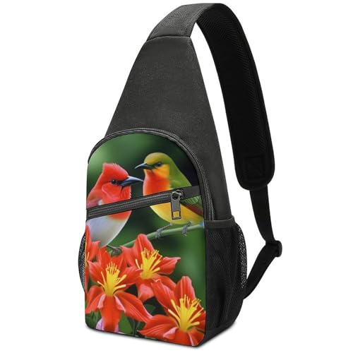 Mochila tipo sling Birds with Flowers para hiking y uso casual miniatura 1
