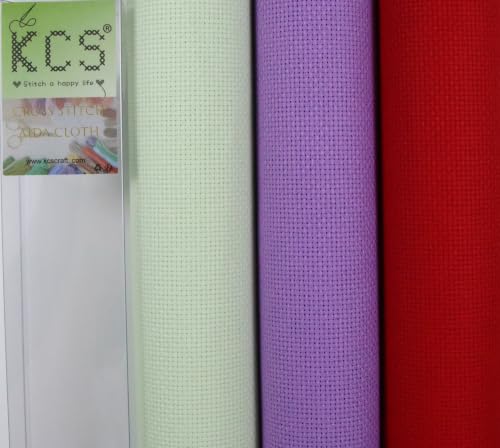 Image of KCS 3 pc of 15 inch x 18 inch(38cmx45cm) 16 Count Cross Stitch Cotton Aida Cloth Needlework Rolled Fabric Box,16CT,Light Green+Lavender+Red