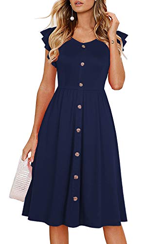 Lamilus Women's Casual Summer Dresses 2025 Ruffle Sleeves V-Neck Button Down Midi Swing Party Dress