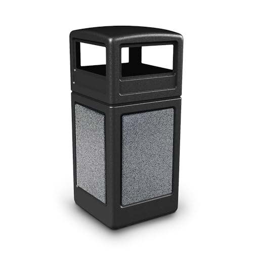 Image of Commercial Zone StoneTec Square Receptacle with Dome Lid, 42 Gallon, Black w /Pepperstone Panels