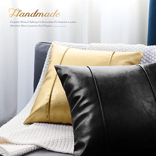 Image of BRAWARM Black Leather Throw Pillow Covers 18 X 18 Inches - Faux Leather Pillow Cover with Piping, Hand Stitched Faux Leather Throw Pillow for Couch Sofa Bed Living Room Home Decorative