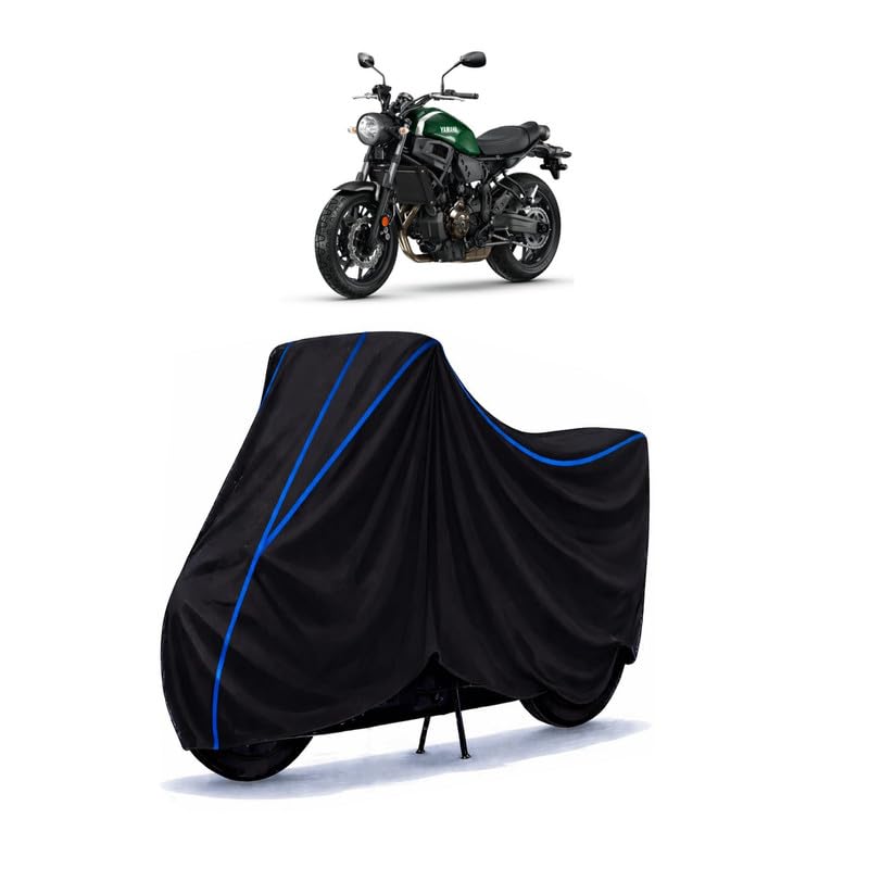 Image of XSR 300 Bike Cover Water Resistant Universal Motorcycle Rain | Heavy Duty UV Protection, Dust, Scratch Indoor Outdoor All Weather with Black Blue Piping Elastic