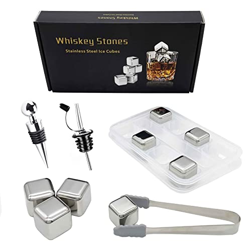 Whisky Steine Edelstahl Set, Quadratische Eiswürfel, 8 Edelstahl Eiswürfel Mit Silikon Eisclip, PP Aufbewahrungsbox, Weinverschluss und Ausgießer, für Whiskey, Wodka, Wein. Silber Cover