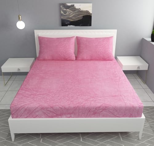Image of Sands Luxurious Bedsheets for Winter, King Size Fitted Warm Double Bedsheet, 72 x 78 x 10 inches, with 2 Pillow Covers (Pink)
