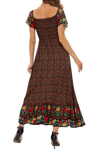 Image of Summer Smocked Boho Maxi Dress for Women 2026 Short Sleeve Floral Smocked Flowy Ruffled Beach Vacation Dresses Lightweight