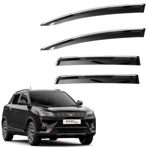Image of CAR SAAZ Unbreakable Chrome Smoke Door Visor for XUV 400 (2023-Present) | Premium Sun, Rain Wind Deflector Chrome Strip Side Door Rain Visor - Set of 4 Pcs