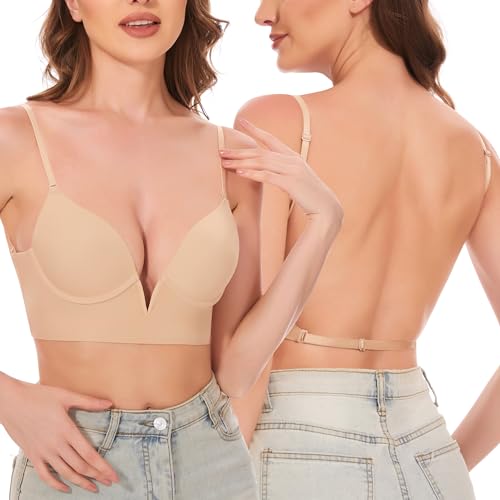 CHERRYSKY Women Low Back Bras-Seamless Invisible Backless Bra Lightly-Lined Deep-V Multiway No Show Bras Low-Cut Halter Bra (Nude, XS)