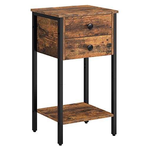 HOOBRO Tall Nightstand Bedside Table with 2 Drawers and Storage Shelf Industrial Telephone End Table for Study Bedroom Side Table Space Saving Easy Assembly Rustic Brown and Black BF72BZ01
