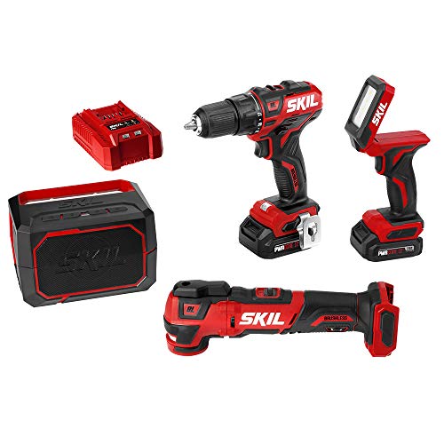 SKIL 4-Tool Combo Kit: Pwrcore 12 Brushless 12V 1/2' Drill Driver, Oscillating Multitool, Area Light & Bluetooth Speaker, Includes Two 2.0Ah Lithium Batteries & Standard Charger - CB738901