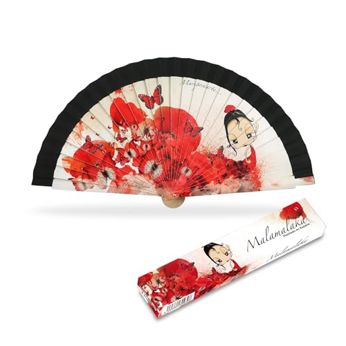Malamalaka | Abanico Original De Madera | Tamaño de 23 cm | Abanico Plegable| Fácil De Abrir Y Cerrar Fácil De Llevar A Cualquier Lugar | Mariposearte Negro