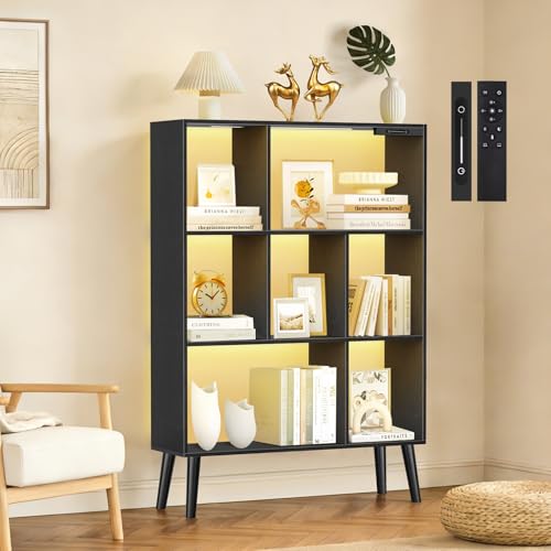 OUTONLIFE 7-Cube Bookshelf with LED Lights Touch & Remote Control Freestanding Open Bookcase Storage Shelf Dimmable Modern Wooden Display Organizer with Legs for Living Room Bedroom Office(Black)