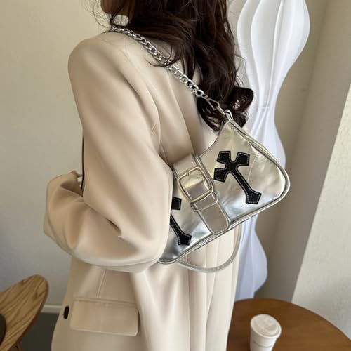 Y2K Shoulde Bag for Women,Vintage Punk Cross Pattern PU Leather Purse Small Gothic Underarm Handbags2
