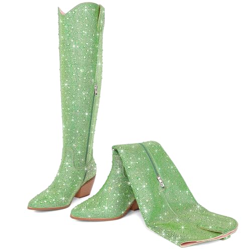 Image of Women Rhinestone Over the Knee Cowboy Boots, Sparkly Bling Cowgirl Boots Western Thigh High Boots Pull-On Side Zippers Chunky Heel Pointed Toe For Concerts, Music Festivals, Parties & Night Out