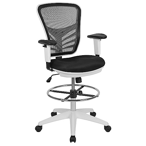 Flash Furniture Silla de Dibujo ergonómica de Respaldo Medio, Anillo de pie Cromado, Brazos Ajustables, Malla Negra/Marco Blanco, Juego de 1