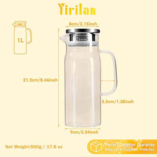 Glass Pitcher, 34 oz / 1 Liter Glass Pitcher with Lid, Glass Water Pitcher, Glass Carafe with Lid