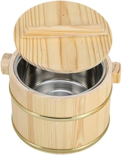 飯桶 寿司木桶 丸型 繰り返し使える 多用途 木材 桶食器丼レストランご飯盛りご飯小飯桶保温桶商用 (20 cm樽+ステンレス芯+蓋+スプーン,A)