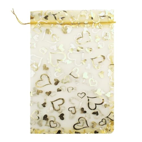 QIANHAILIZZ 8 x 12 Inch 100 Drawstring Heart Flower Bags Organza Jewelry Gift Pouch Candy Pouch Drawstring Wedding Favor Bags (gold heart) by QIANHAILIZZ - Used condition - US$22.28