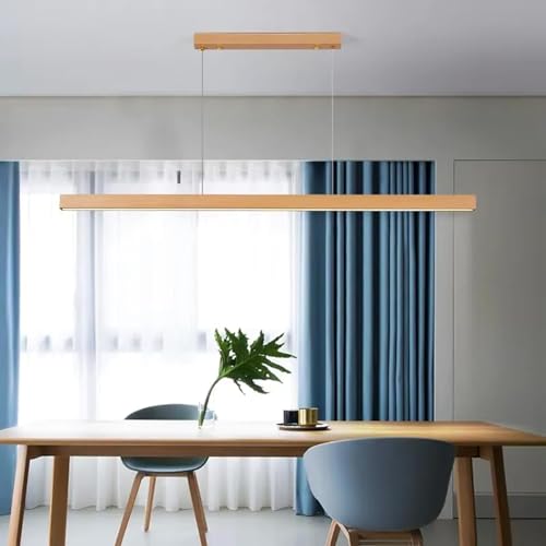 Lámpara colgante lineal de madera LED regulable con mando para cocina e isla 5
