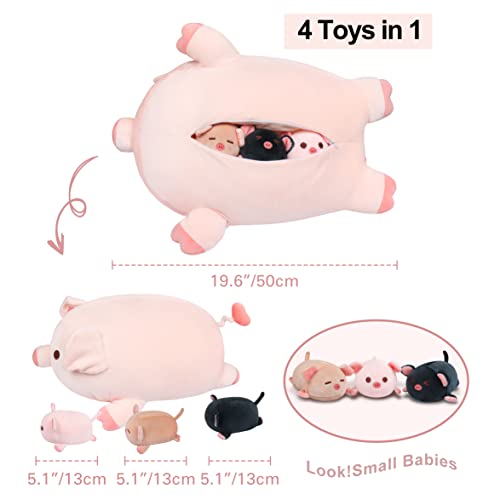 Achwishap Pig Stuffed Animal Mommy 19.6” With 3 Pig Plushies,4 Pcs Cute Pig Plush Pillow,Kawaii Toys Soft Hugging Pillow For Kids Girls Boys Gifts(Pink Pig Family) #TOP1