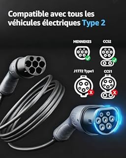 bokman Câble de Recharge Voiture Électrique Type 2 (22 KW, 5 Mètres), Étanche à la Pluie Charge Rapide et Sécurisée Compatible avec Model3/e-208/500-e (Câble T2)
