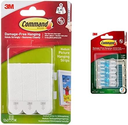 Command Medium Picture Mounting Strips, Pack of 12 x 2 Adhesive Strips, White - Holds up to 5.4 kg & Outdoor Decorating Clips, Pack of 16 Mini Hooks and 20 Small Adhesive Strips, Transparent