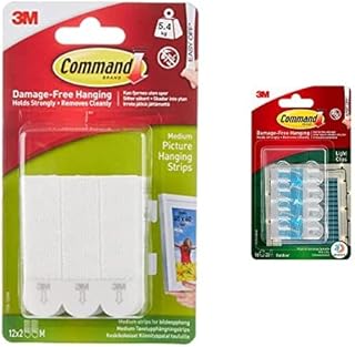 Command Medium Picture Mounting Strips, Pack of 12 x 2 Adhesive Strips, White - Holds up to 5.4 kg & Outdoor Decorating Clips, Pack of 16 Mini Hooks and 20 Small Adhesive Strips, Transparent