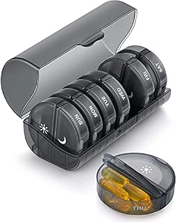 Amazon Brand  Eono Pill Organiser AM PM - 7 Day Weekly Pill Box Case with 14 Compartments, Medication Organiser for Travel - Proof Design (Black)