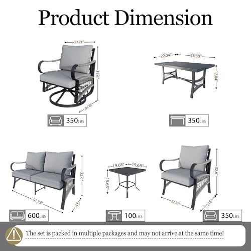 Image of 7 Pieces Patio Conversation Sets, All-Weather Metal Swivel Rocking Chairs with Rope Furniture Set, Outdoor Sofa Couch for Deck, Porch, Garden, Backyard, Poolside (Gray Cushions)