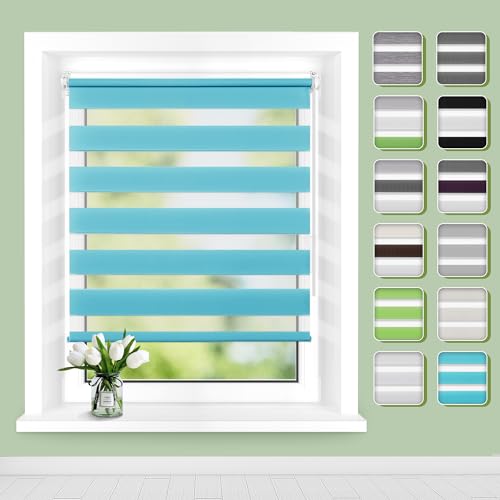 Doppelrollo Klemmfix ohne Bohren B90 x H120cm(Stoffbreite 86cm) Türkis, Rollos für Fenster, Rollo ohne Bohren mit Lichtdurchlässig und Verdunkelnd/Höhe Stufenlos Verstellbar/Kindersicherung