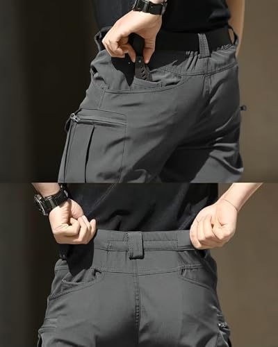 LRYXXX Men\'s Tactical Pants Stretch Waterproof Fabric Durable Cargo Pants for Hiking Casual Work Multi Pockets (No Belt),Dark Gray