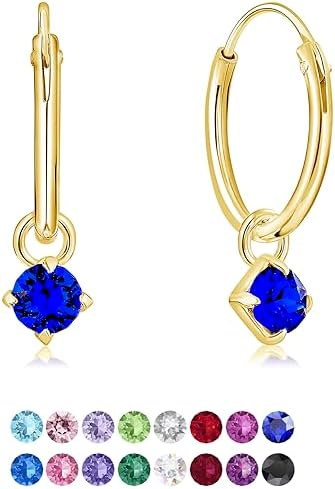 DTPsilver® 925 Sterling Silver Yellow Gold Plated SMALL Hoops Earrings & Round Dangling 3 mm Crystals from Swarovski® Elements - Thickness 1.2 mm - Diameter: 12 mm