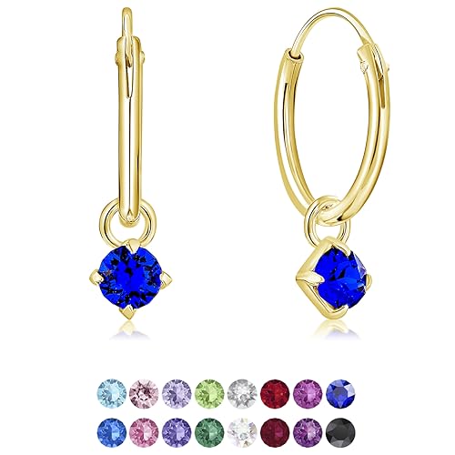 DTPsilver® Boucles d'oreilles PETITES Créoles en Argent 925 Plaqué Or Jaune avec Pendentif 3 mm Cristaux de Swarovski® Elements Ronds - Épaisseur 1.2 mm - Diamètre: 12 mm - Couleur: Bleu Majestic