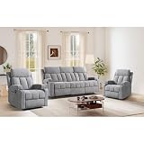 CANMOV Manual Recliner Sofa Set, Fabric Recliner Living Room Furniture Sets, Two 1 seat Reclining Chair and a 3 Seater Sofa Furniture Set with Side Pockets and Cup Holders, Light Grey