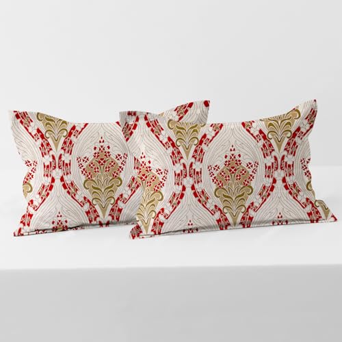 Cloth Fusion Glace Cotton Pillow Cover Set of 2 with Envelope Closure, Soft Pillow Case for Comfort (17"X27" Inches, Red Ornate)