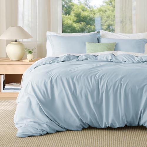 Image of Bedsure Duvet Cover King Size - Soft Double Brushed Bedding Set for Kids & Adults, Zipper Closure, 3 Pieces, Includes 1 Duvet Cover (104 inchx90 inch) & 2 Pillow Shams, NO Comforter, Light Blue