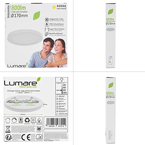 Lumare LED Ceiling Light 12W | Extra Flat | 800lm | Ø170mm Round |Replaces Approx. 60W | IP44 Ceiling lamp, Living Room| recessed and Surface Mounted Spotlight Modern 3000K Warm White