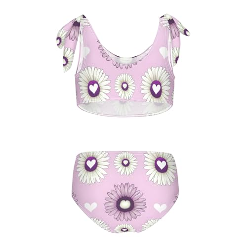 Girls' Bikini Set, Chamomile Flower with White Hearts Kids Swimsuit 2 Pcs Beach Bathing Suit2