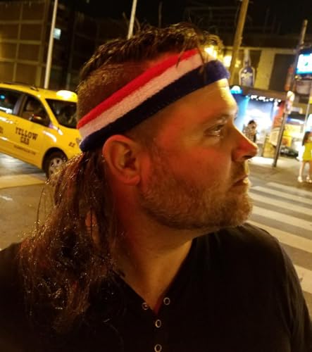 Image of Red White Blue Stripe Headband Mullet Wig for Men, USA Patriotic Retro Curly Mullet Wig, 4th of July Halloween Costume Party Wig (Medium Brown)