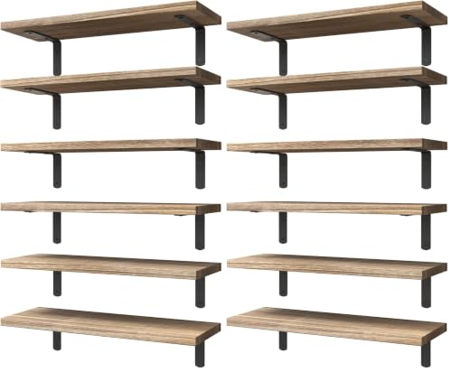 Image of WOPITUES Wood Floating Shelves Set of 6, Shelves for Wall Decor, Farmhouse Shelf for Bedroom, Bathroom Storage Shelves, Book Shelves for Living Room - Rustic Brown (Pack of 2)