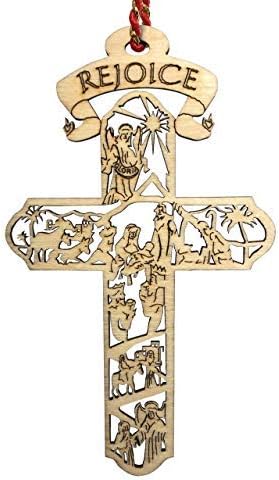 Jolette Designs Nativity Cross Christmas Ornament Gift, Real Wooden Decor for Tree, Office, Car. Unique Wood Holy Family Scene Gifts, 4.5X 2.625, Made in USA, Keepsake Tells The Whole Christmas Story