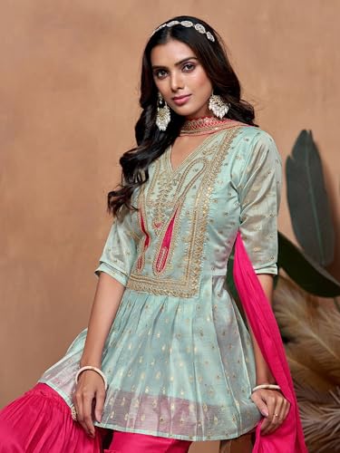 Image of EthnicJunction Womens Chanderi Silk Embroidered A-Line Kurta with Sharara & Dupatta | sharara Set | Wedding Outfit | Heavy Outfit