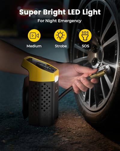 Heavy-Duty 160 PSI Tire Inflator Portable Air Compressor, 1 Min Fast Inflation Cordless Portable Air Pump with Digital Pressure Gauge & LED Light, Electric Tire Pump for Car, SUV, Bike, Ball