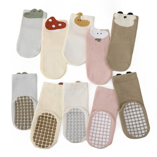 Jspupifip Toddler Non-Slip Socks with Grips for 0-1 Years 5 Pairs Cotton Cute Baby Cartoon Floor Crew Socks Indoor Soft Cotton Frilly Ankle Sock