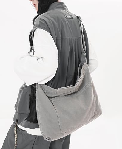Image of Cotton Tote Handbag Women Canvas Crossbody Beach Bag Hobo Shoulder Tote Bag with 3 External Pocket,Zipper Closure