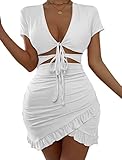 HOTOUCH Bodycon Mini Party Dress for Women Ruffle Trim Ruched Short Sleeve Cut Out Dresses White X-Large